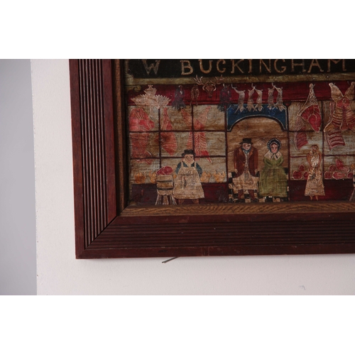 787 - A 19TH CENTURY FOLK ART OIL PAINTING ON BOARD DEPICTING A BUTCHERS SHOP titled W. BUCKINGHAM depicti... 