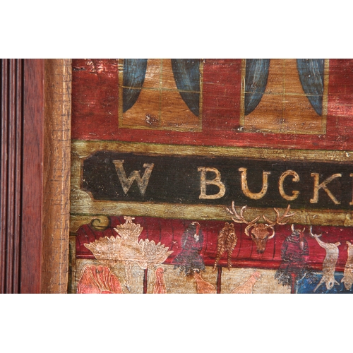 787 - A 19TH CENTURY FOLK ART OIL PAINTING ON BOARD DEPICTING A BUTCHERS SHOP titled W. BUCKINGHAM depicti... 