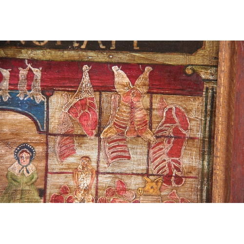 787 - A 19TH CENTURY FOLK ART OIL PAINTING ON BOARD DEPICTING A BUTCHERS SHOP titled W. BUCKINGHAM depicti... 