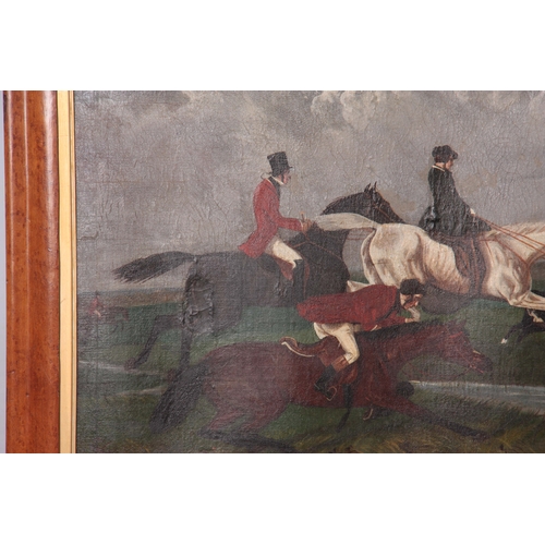 788 - A PAIR OF 19TH CENTURY OIL ON BOARDS depicting hunting scenes - mounted in moulded birds eye maple f... 