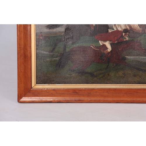 788 - A PAIR OF 19TH CENTURY OIL ON BOARDS depicting hunting scenes - mounted in moulded birds eye maple f... 