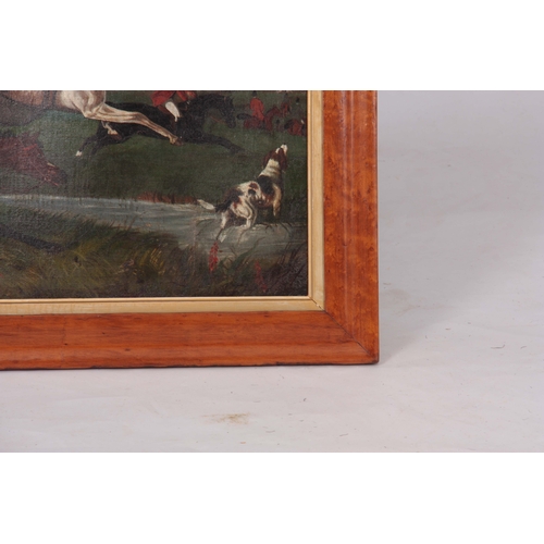 788 - A PAIR OF 19TH CENTURY OIL ON BOARDS depicting hunting scenes - mounted in moulded birds eye maple f... 