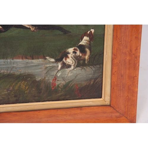 788 - A PAIR OF 19TH CENTURY OIL ON BOARDS depicting hunting scenes - mounted in moulded birds eye maple f... 