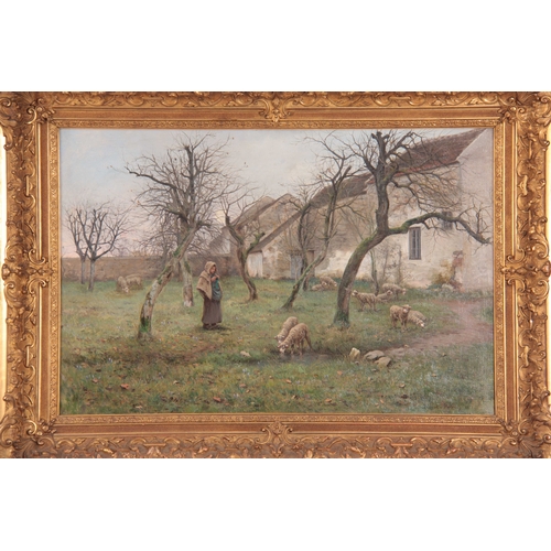 790 - A LATE 19TH CENTURY OIL ON CANVAS Figure and Sheep in a tree-lined landscape in front of buildings -... 