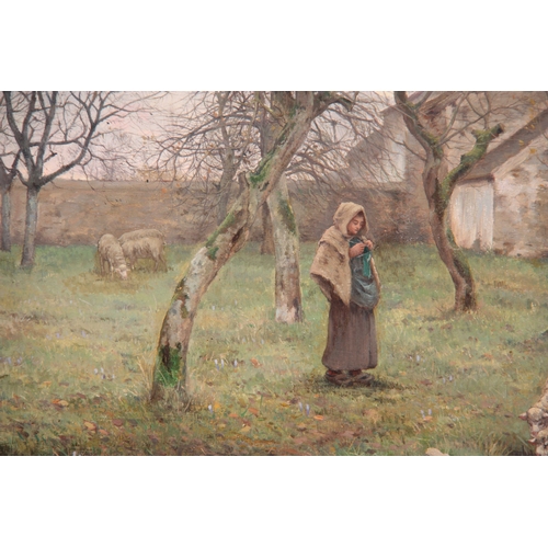 790 - A LATE 19TH CENTURY OIL ON CANVAS Figure and Sheep in a tree-lined landscape in front of buildings -... 