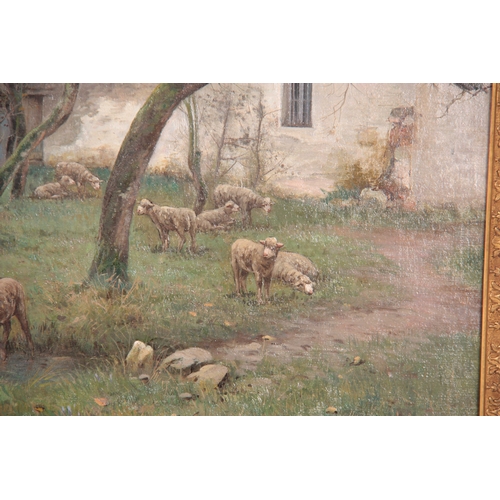 790 - A LATE 19TH CENTURY OIL ON CANVAS Figure and Sheep in a tree-lined landscape in front of buildings -... 