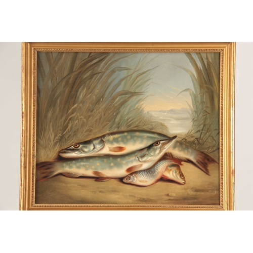 793 - J M CHILD (1804 - 1835) A 19TH CENTURY OIL ON CANVAS STILL LIFE OF FISH ON A RIVER BANK  - signed an... 