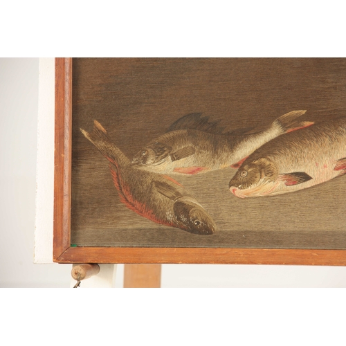 794 - AN EARLY 19th CENTURY EMBROIDERED CATCH OF THE DAY  with trout and perch 36.5cm high, 48cm wide - in... 