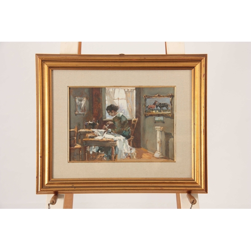 795 - G RONDELLO - WATERCOLOUR AND GOUACHE Interior scene with seamstress seated at a table 23.5cm by 33.5... 