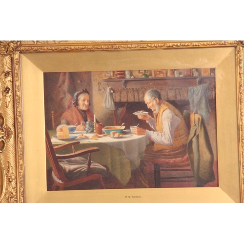 800 - H. S. TOZER. A PAIR OF EARLY 20TH CENTURY INTERIOR SCENE WATERCOLOURS with figures eating around a t... 