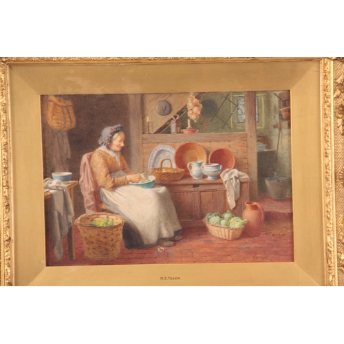 800 - H. S. TOZER. A PAIR OF EARLY 20TH CENTURY INTERIOR SCENE WATERCOLOURS with figures eating around a t... 