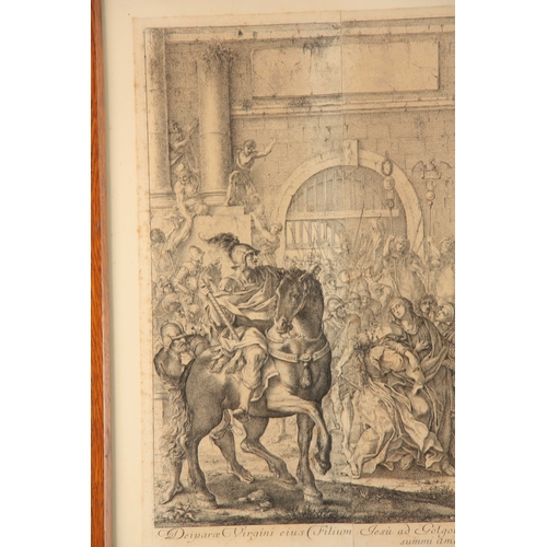 804 - AN EARLY 18TH CENTURY ENGRAVING BY 'AURELIUS MILANO' OF THE CRUCIFIXION mounted in a 19th century gl... 