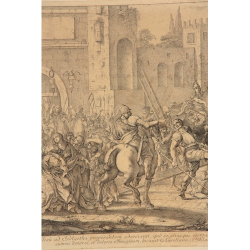 804 - AN EARLY 18TH CENTURY ENGRAVING BY 'AURELIUS MILANO' OF THE CRUCIFIXION mounted in a 19th century gl... 