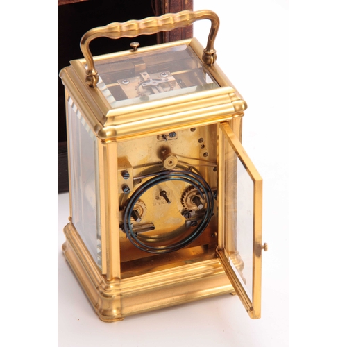 808 - DROCOURT, PARIS. A LATE 19th CENTURY FRENCH BRASS GORGE CASED REPEATING CARRIAGE CLOCK having a gilt... 