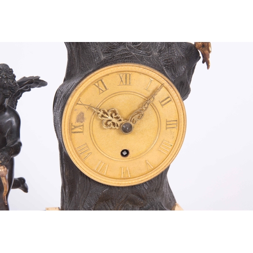 813 - BAETONS, LONDON. A REGENCY BRONZE AND ORMOLU ENGLISH FUSEE MANTEL CLOCK modelled as cupid besides a ... 