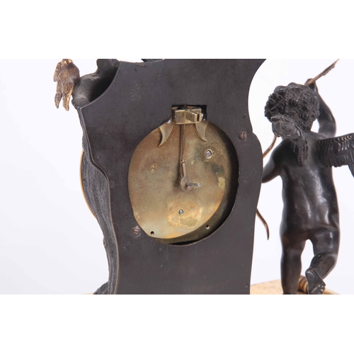 813 - BAETONS, LONDON. A REGENCY BRONZE AND ORMOLU ENGLISH FUSEE MANTEL CLOCK modelled as cupid besides a ... 