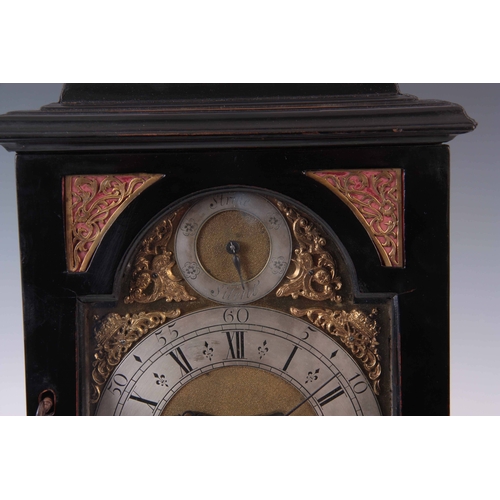 821 - GEORGE GORDON, LONDON. A SMALL EARLY 18TH CENTURY EBONISED BRACKET CLOCK the case with inverted bell... 