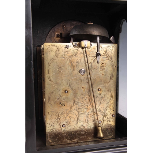 821 - GEORGE GORDON, LONDON. A SMALL EARLY 18TH CENTURY EBONISED BRACKET CLOCK the case with inverted bell... 