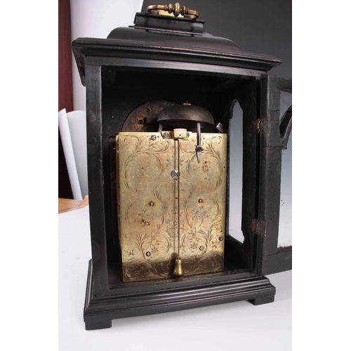 821 - GEORGE GORDON, LONDON. A SMALL EARLY 18TH CENTURY EBONISED BRACKET CLOCK the case with inverted bell... 