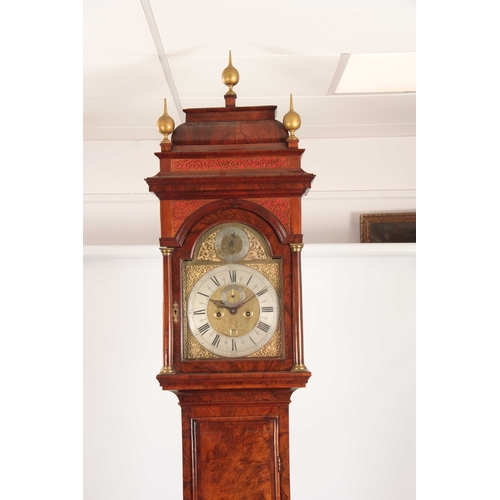 822 - JOHN MAY, LONDON A GEORGE I BURR WALNUT LONGCASE CLOCK having a caddy top above pierced sound frets ... 