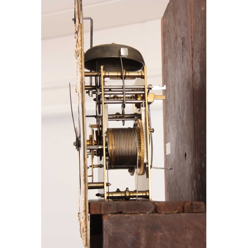 822 - JOHN MAY, LONDON A GEORGE I BURR WALNUT LONGCASE CLOCK having a caddy top above pierced sound frets ... 