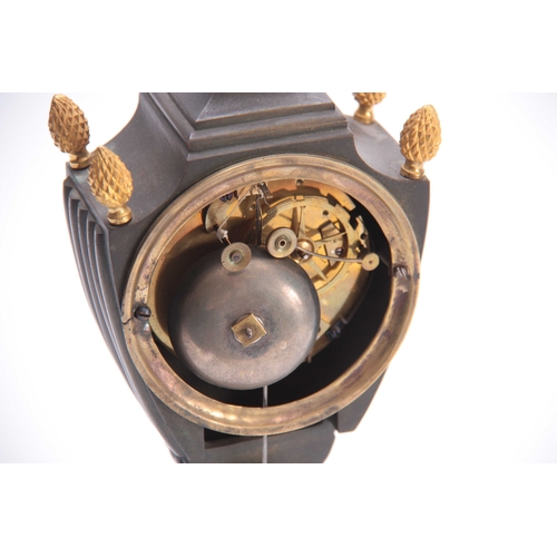 823 - THIERRY á PARIS. AN EARLY 18th CENTURY FRENCH BRONZE AND ORMOLU MANTEL CLOCK the urn-shaped case sta... 