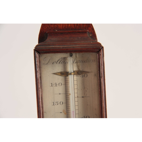 826 - DOLLOND, LONDON A GEORGE III MAHOGANY WALL THERMOMETER the slim mahogany case having a moulded pedim... 