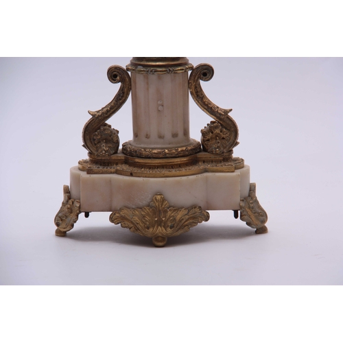 829 - A 19TH CENTURY FRENCH ALABASTER, GILT BRASS AND BRONZE MOUNTED MANTEL GARNIATURE SET the ornate cent... 