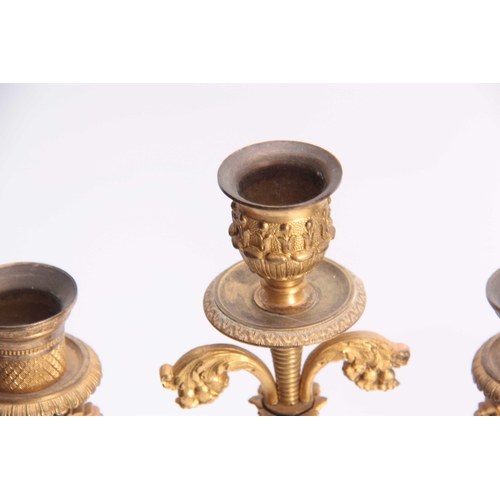 829 - A 19TH CENTURY FRENCH ALABASTER, GILT BRASS AND BRONZE MOUNTED MANTEL GARNIATURE SET the ornate cent... 