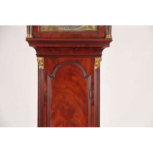 832 - JAMES BOOTH, ROCHESTER A GEORGE III FIGURED MAHOGANY QUARTER CHIMING TIDAL LONGCASE CLOCK the hood w... 