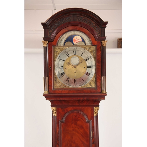 832 - JAMES BOOTH, ROCHESTER A GEORGE III FIGURED MAHOGANY QUARTER CHIMING TIDAL LONGCASE CLOCK the hood w... 