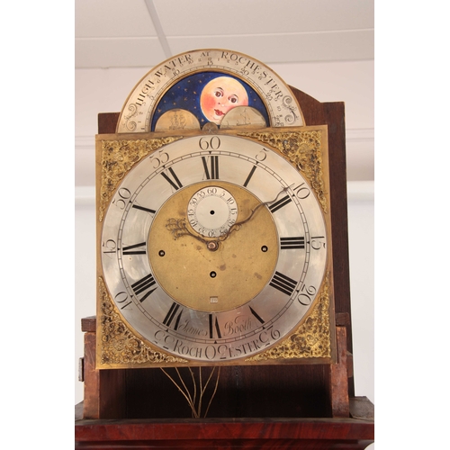 832 - JAMES BOOTH, ROCHESTER A GEORGE III FIGURED MAHOGANY QUARTER CHIMING TIDAL LONGCASE CLOCK the hood w... 