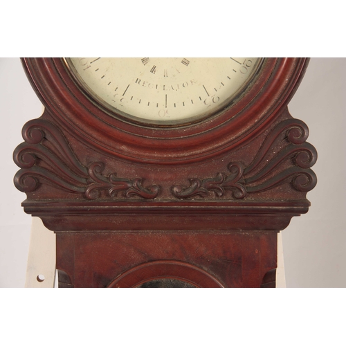 833 - A MID 19th CENTURY FIGURED MAHOGANY WALL REGULATOR having a moulded surround above applied scrolled ... 