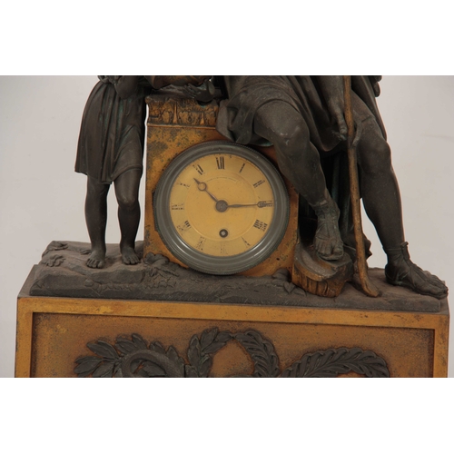 835 - AN IMPRESSIVE FRENCH 19TH CENTURY BRONZE AND GILT BRASS MANTEL CLOCK OF LARGE SIZE with stepped acan... 