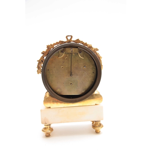 838 - A REGENCY ENGLISH FUSEE BRONZE, ORMOLU, AND WHITE MARBLE MANTLE CLOCK the drum-shaped bronze case su... 