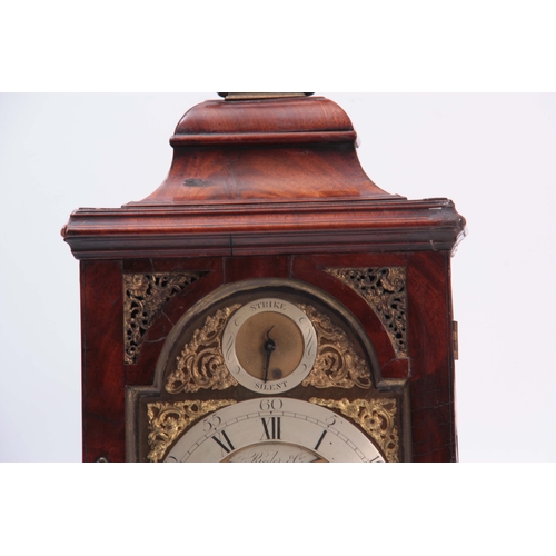 849 - RIEDER & CO, LONDON A GEORGE III FIGURED MAHOGANY BRACKET CLOCK the bell top pediment above a glazed... 