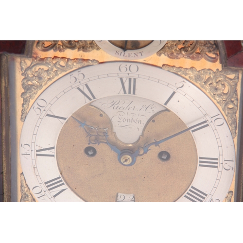 849 - RIEDER & CO, LONDON A GEORGE III FIGURED MAHOGANY BRACKET CLOCK the bell top pediment above a glazed... 