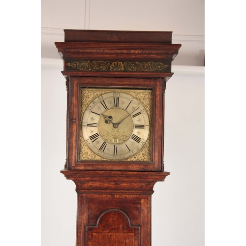 855 - JOHNATHAN LEES, BURY A MID 18th CENTURY OAK LONGCASE CLOCK  the hood having a moulded pediment above... 