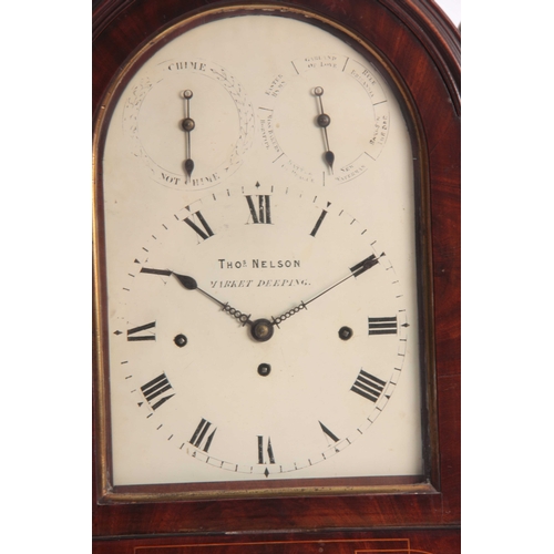 856 - THOMAS NELSON, MARKET DEEPING A FINE REGENCY FIGURED MAHOGANY MUSICAL BRACKET CLOCK having a large a... 