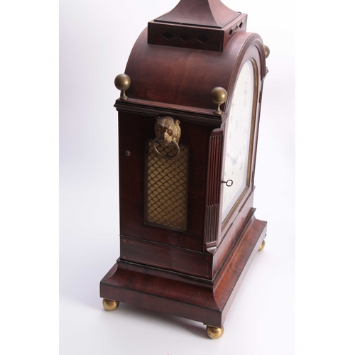 856 - THOMAS NELSON, MARKET DEEPING A FINE REGENCY FIGURED MAHOGANY MUSICAL BRACKET CLOCK having a large a... 