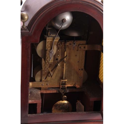 856 - THOMAS NELSON, MARKET DEEPING A FINE REGENCY FIGURED MAHOGANY MUSICAL BRACKET CLOCK having a large a... 