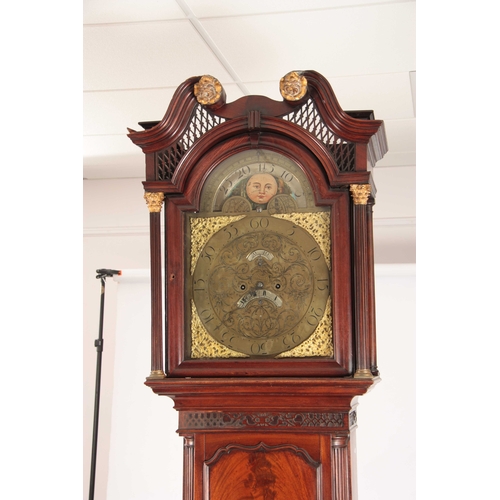 861 - J. PERSALL, MANCHESTER AN UNUSUAL GEORGE III FIGURED MAHOGANY LONGCASE CLOCK having a swan neck pedi... 