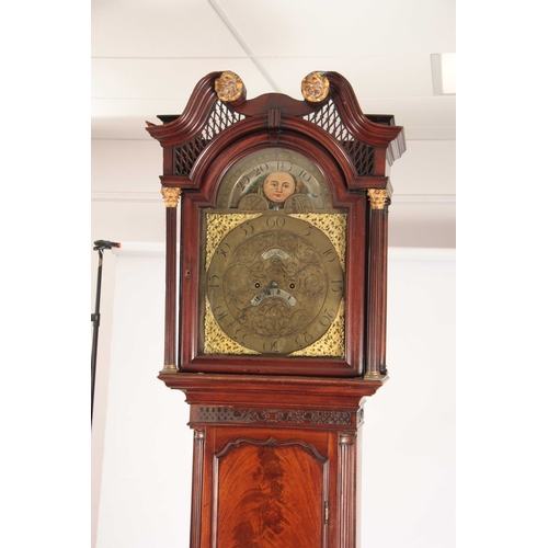 861 - J. PERSALL, MANCHESTER AN UNUSUAL GEORGE III FIGURED MAHOGANY LONGCASE CLOCK having a swan neck pedi... 