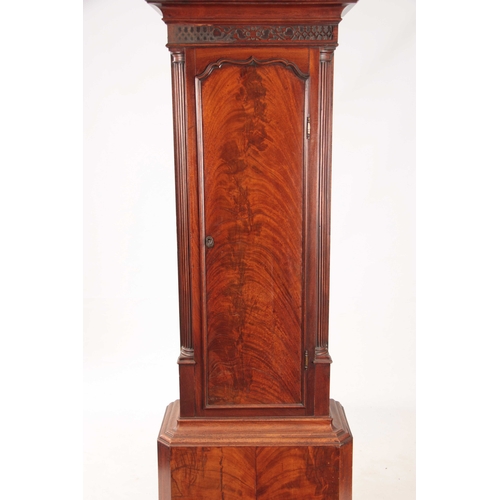 861 - J. PERSALL, MANCHESTER AN UNUSUAL GEORGE III FIGURED MAHOGANY LONGCASE CLOCK having a swan neck pedi... 