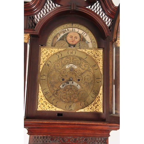 861 - J. PERSALL, MANCHESTER AN UNUSUAL GEORGE III FIGURED MAHOGANY LONGCASE CLOCK having a swan neck pedi... 