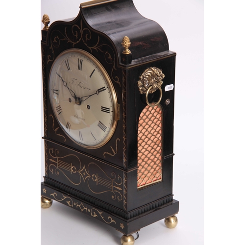 862 - F. FARMER. ROCHFORD A REGENCY EBONISED AND BRASS INLAID BRACKET CLOCK WITH BRACKET having a shaped p... 