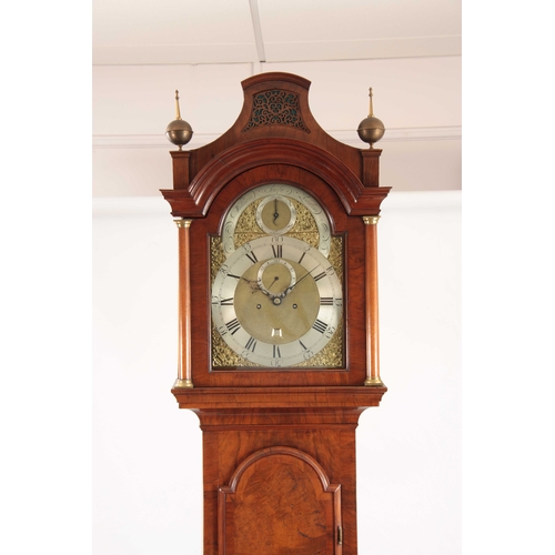 865 - WILLIAM SCAFE, LONDON. A GEORGE III BUR WALNUT LONGCASE CLOCK the hood with pagoda top above a glaze... 