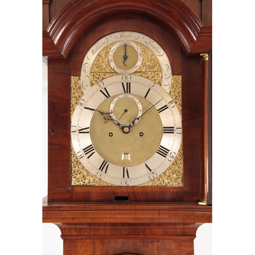 865 - WILLIAM SCAFE, LONDON. A GEORGE III BUR WALNUT LONGCASE CLOCK the hood with pagoda top above a glaze... 