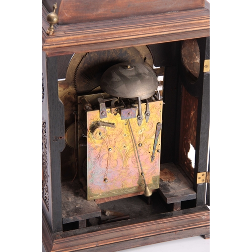 866 - J WATSON, LONDON A GEORGE II EBONISED BRACKET CLOCK the case with inverted bell top above a moulded ... 