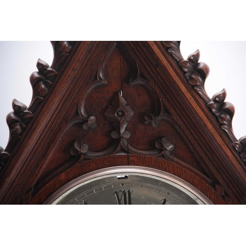 873 - M. BEAL, SHEFFIELD A GOTHIC OAK CASED TRIPLE FUSEE BRACKET CLOCK the case with gothic carved panels ... 